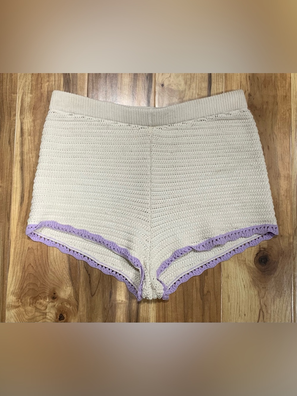 VS Pink Crochet Knit Shorts Womens M High Rise Contrast Trim Cozy Costal Cottage